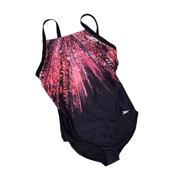 Reebock NWT $100 1 piece Black & Abstract Splash Full Coverage Swim Suit - Picture 1 of 6